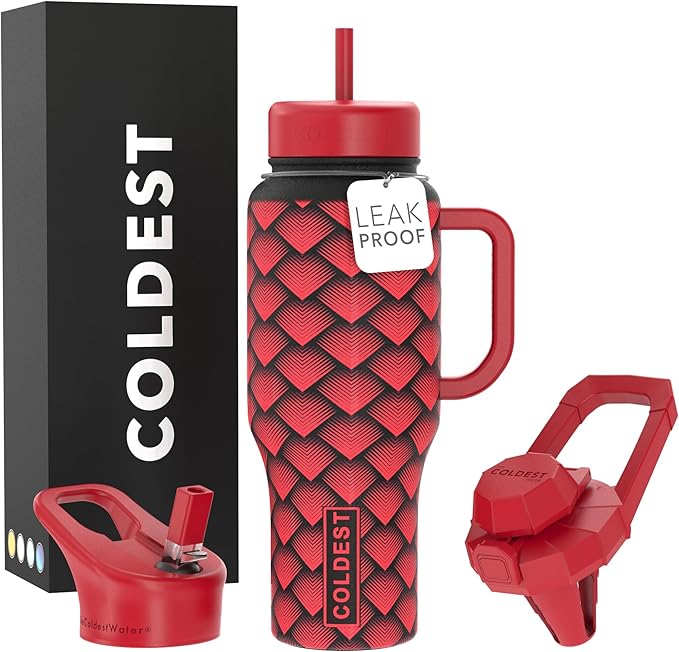 Coldest Tumbler with Handle and Straw - 100% Spill Proof Tumbler with Straw (3 Lids) - Stainless Steel Insulated Leakproof Tumblers for Women & Men - 36 oz (Red Dragon) - Bloomnest