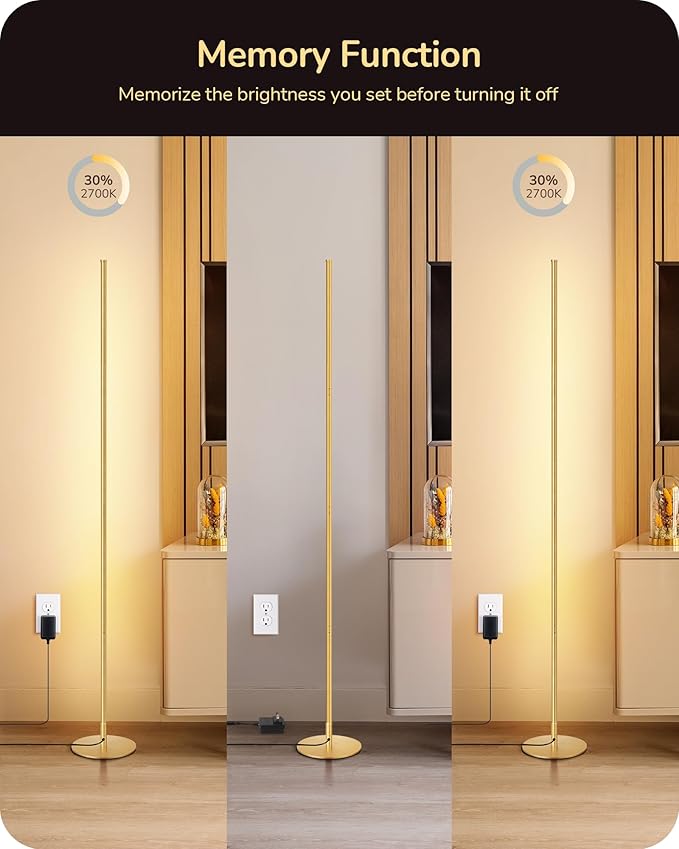 EDISHINE LED Corner Floor Lamp, Dimmable Standing Light with Remote, 7 Color Temperature 2700K-6000K, 57.5" Modern Floor Lamp for Bedroom, Living Room, Office, Gold - Bloomnest