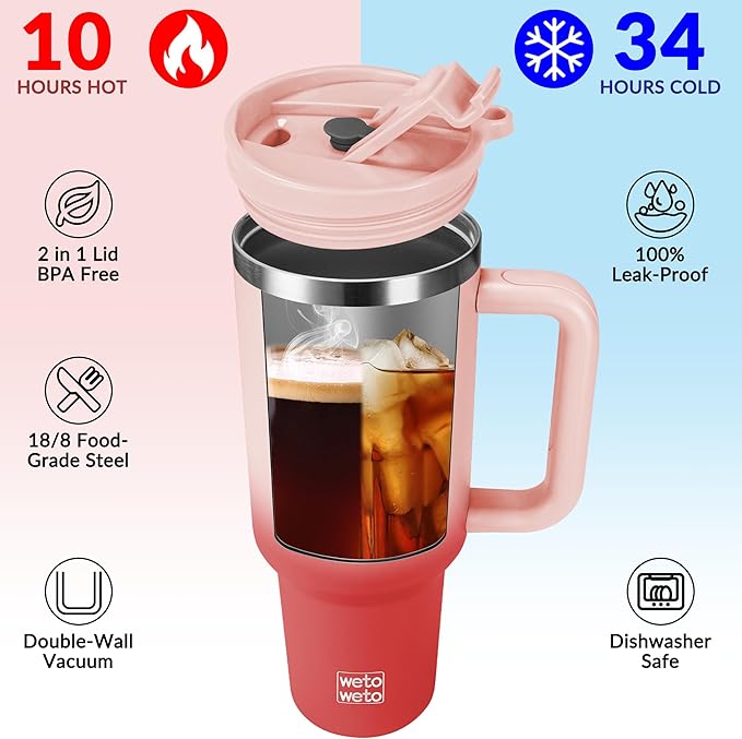 WETOWETO 40oz Tumbler with Handle | Insulated Stainless Steel Travel Mug | 34Hrs Cold & 10Hrs Hot Retention | 100% Leakproof Lid & Straw | Dishwasher Safe + Car Cup Holder Fit (Pink-Red Gradient) - Bloomnest