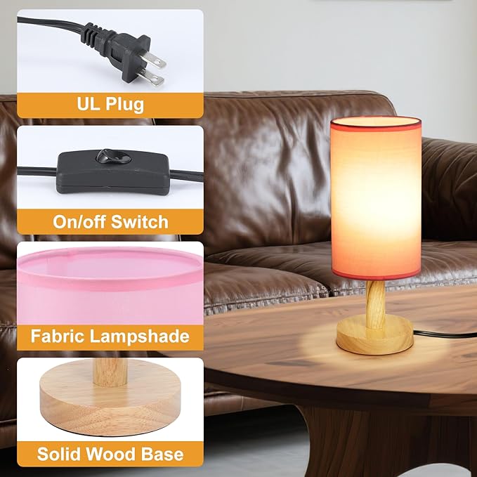 Pink Small Bedside Table Lamp for Bedroom,Natural Round Wood Base&Fabric Linen Shade,Cozy Night Table Light for Study Reading,Minimalist Boho Desk Lamp for Nightstand,Living Room,Nursery,Kitchen,Dorm - Bloomnest
