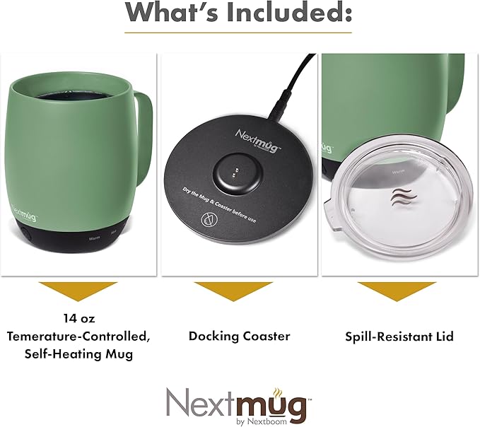 Nextmug - Temperature-Controlled, Self-Heating Coffee Mug (Sage - 14 oz.) - Bloomnest