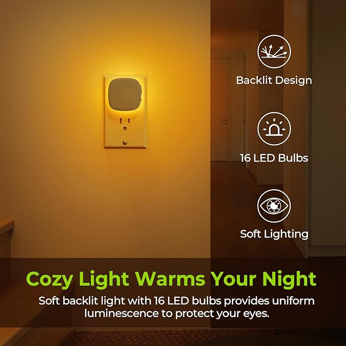 AUVON Plug-in LED Backlit Night Light with Motion Sensor & Dusk to Dawn Sensor, Dimmable Amber Nightlight with 1-50 lm Adjustable Brightness for Bedroom, Bathroom, Stairs, Hallway (4 Pack) - Bloomnest