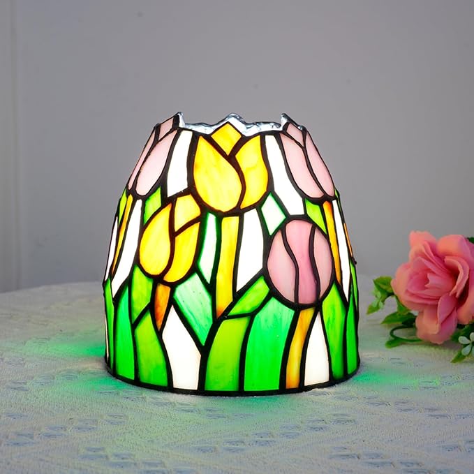 Tiffany Lamp Pink Yellow Tulips Small Stained Glass Table Light Retro Unique Nightstand Bedside Light for Home Decor Bedroom Living Room Boys Girls Christmas Gifts - Bloomnest
