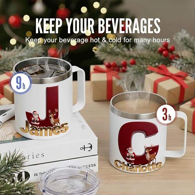 Personalized Christmas Insulated Coffee Mug with Handle – Letter [C] Double Wall Stainless Steel Travel Tumbler for Hot & Cold Drinks – Unique Holiday Gift for Men, Women, & Kids (B128) - Bloomnest