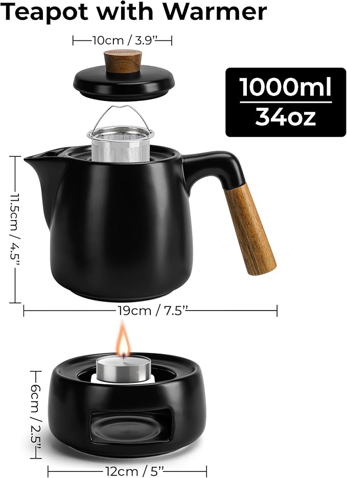 MIAMIO - Teapot Set with Warmer / 34 oz Tea Kettle with Infuser for Steeping Loose Tea Leaves - Gift for Women/Tea Lovers (Black) - Bloomnest