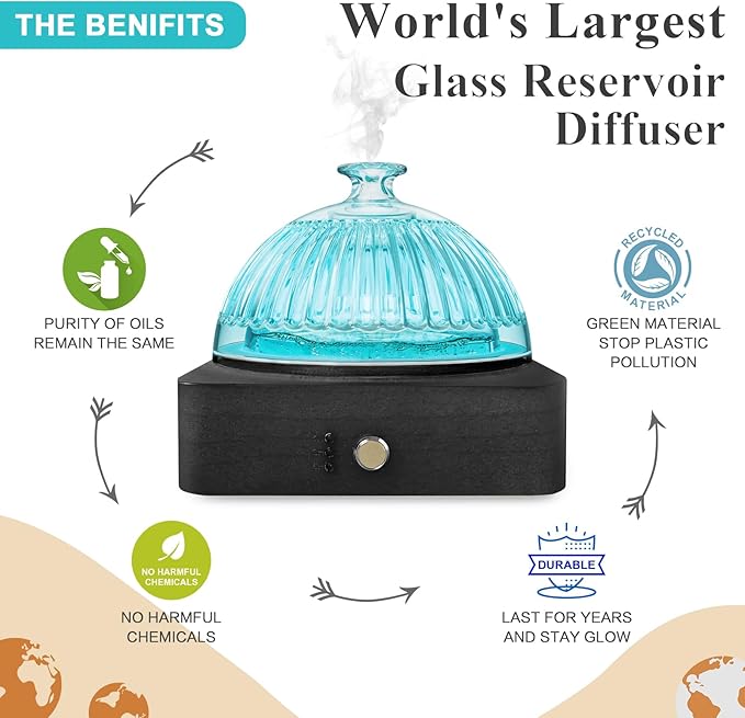 Glass Dome Essential Oil Diffuser with Glass Reservoir & Wood Base-Plastic Free, 200ml Ultrasonic Diffuser for Aromatherapy with Timer 7 Color Light Auto-Off for Home Office Yoga Dark Brown - Bloomnest