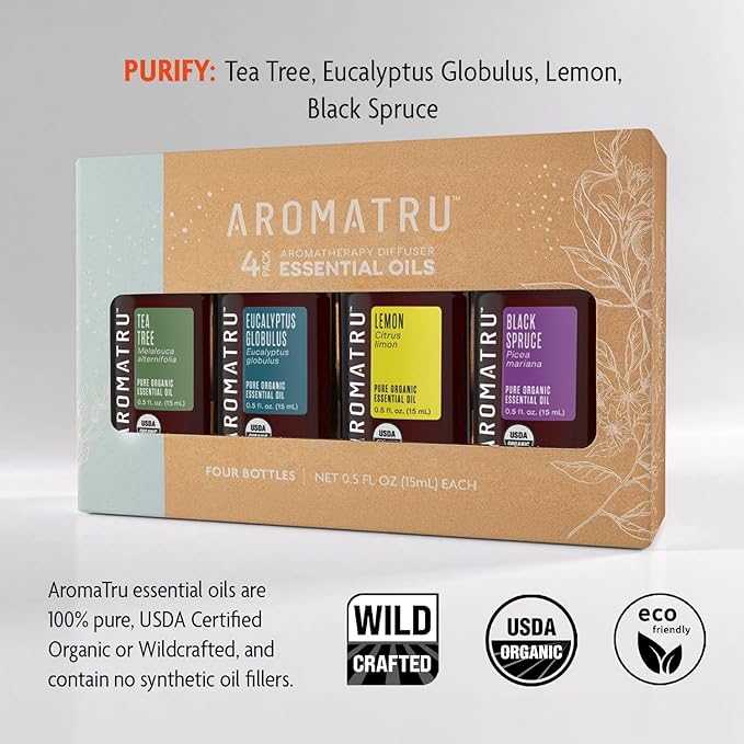Purify Essential Oil Kit – Tea Tree, Eucalyptus Globulus, Lemon, and Black Spruce – Organic & Wildcrafted – ISO Certified – No Synthetic Fillers – Ethically Sourced - Bloomnest