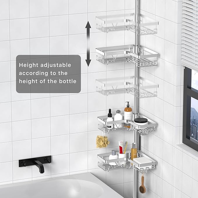 KEGII Shower Caddy Corner Tension Pole - Adjustable Corner Shower Organizer with Tooth Brush Holder, No Drilling Rustproof Bathroom Shelf Storage Rack, Fits 25-114.2 Inch, Silver - Bloomnest