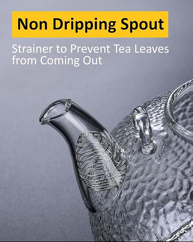 ZENATION Japanese Style hammered glass exquisite 900ml tea pot, with tin and copper plum blossom decoration