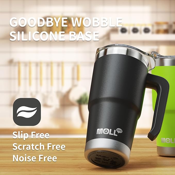Travel Coffee Mug with Handle-16 oz Stainless Steel Vacuum Insulated Tumbler with Lid and Straw-Reusable Metal Cup with Silicone Pad, Leak Proof-BPA Free (Black) - Bloomnest
