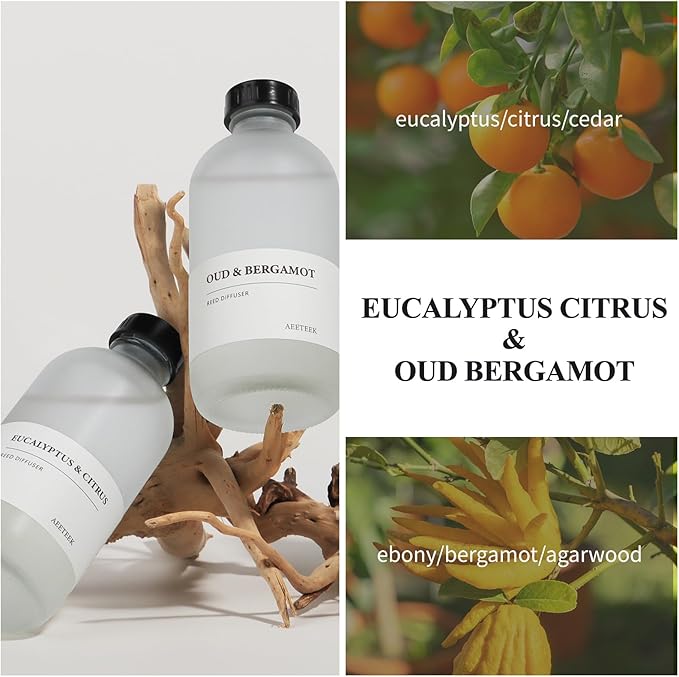 Eucalyptus Citrus & Oud Bergamot Reed Diffuser Set of 2, 14.8 oz(220mlx2) Scented Oils with Willow Branches Diffuser Sticks, Long Lasting Essential Oil, Air Freshener for Home, Office AEETEEKHOMEFRAGRANCE