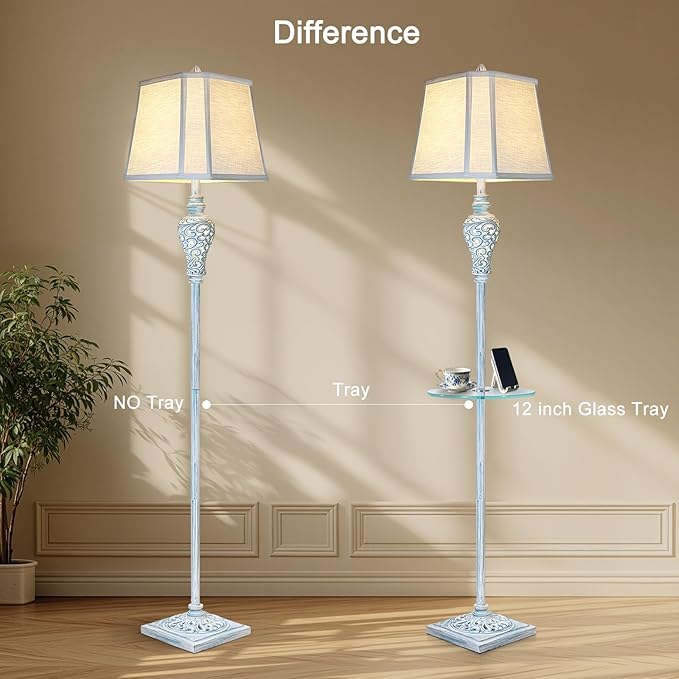 Vintage Floor Lamp with Night Light and Glass Tray, 65" High Retro Standing Lamp with Washed Blue Finish and White Linen Shade, Farmhouse Tall Lamp Decor for Living Room Bedroom House (Bulb Included) - Bloomnest