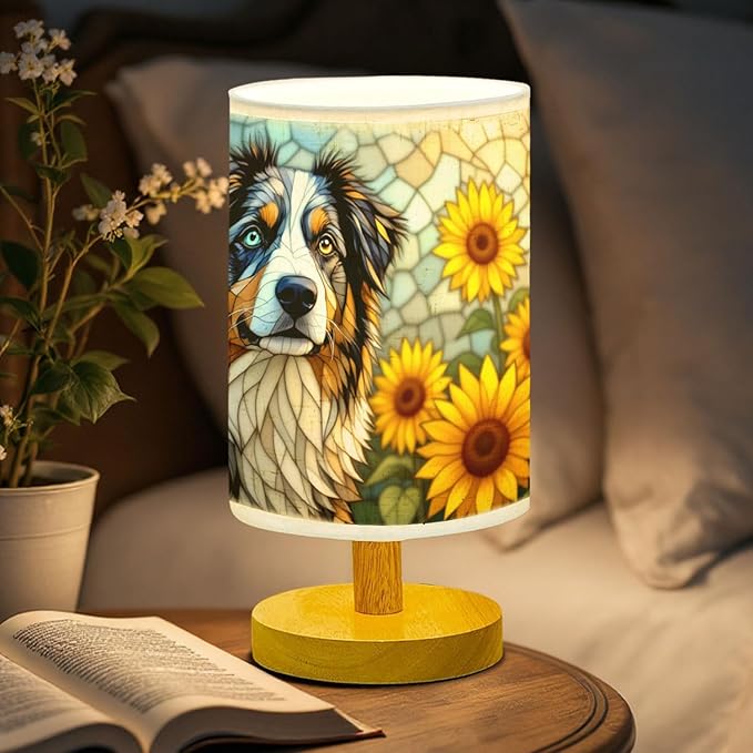 Australian Shepherd Table Lamp LED 3-Color Pressed Bedside, Dog Shade Lamp with Wood Base for Bedroom Living Room Desk Office - Bloomnest