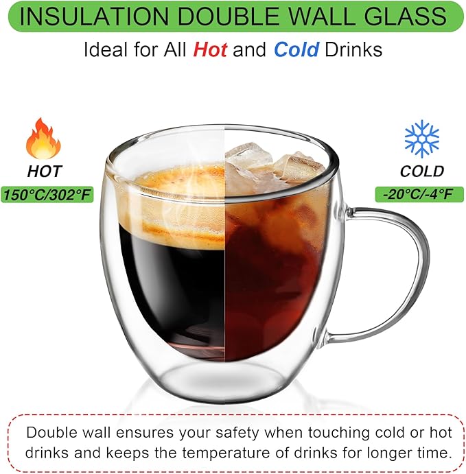 Glass Coffee Cups Set of 2, 8.5oz Double Walled Glass Mugs with Handles, Clear Insulated Coffee Mug Espresso Cups, Cappuccino Latte Tea Cups Set, Heat Resistant Borosilicate Clear Glasses - Bloomnest