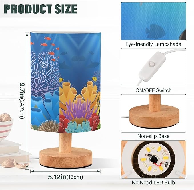 Table Lamp Cartoon Dolphin Killer Whale Sea Fish Coral Underwater in Ocean Nightstand Lamp with Wood Base Fabric Lamp Shade Bedside Desk Lamp for Living Room Bedroom Kids Room Office - Bloomnest