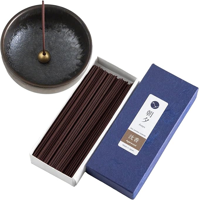 Asayu Japan Low Smoke Incense Gift Set with Incense Holder and Brass Stand, Agarwood Incense Sticks with Zen Holder - Bloomnest