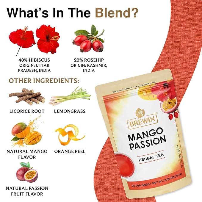BREWIX, Mango Passion Fruit Herbal Tea Bags – 25 Plant-Based Pyramid Bags | Iced or Hot | Hibiscus, Citrus Peel, Lemongrass | Caffeine-Free & Naturally Uplifting Wellness Brew - Bloomnest