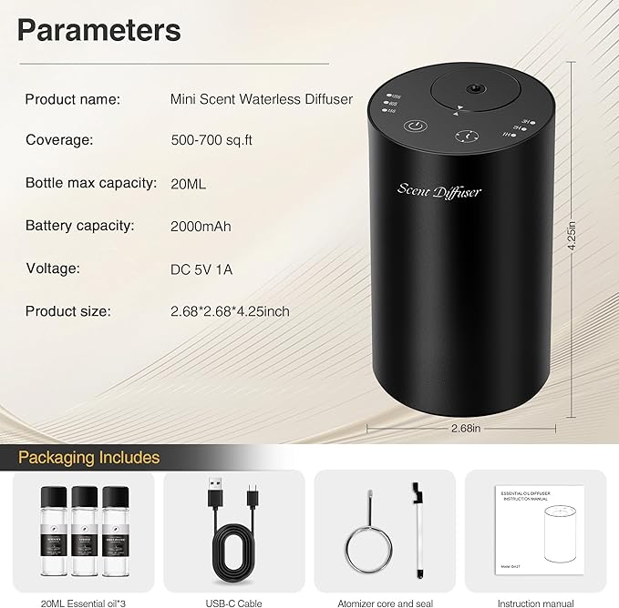Waterless Essential Oil Diffuser Starter Kit - No Water Needed, Battery Operated Mini Scent Air Machine, Included 3x20ML Essential Oils, Portable Aromatherapy Diffuser for Home & Car, Black, 2Pack - Bloomnest