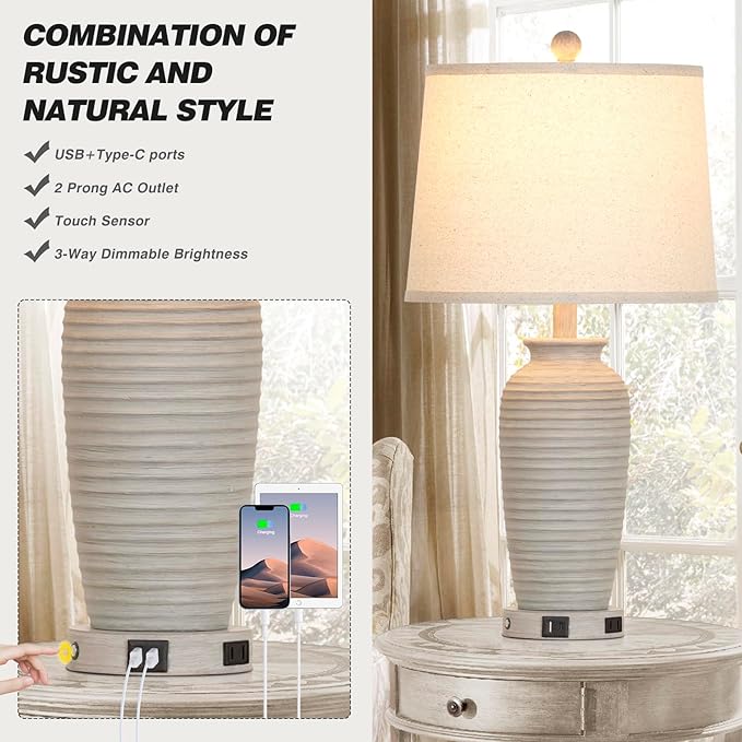 25" Farmhouse Jar Table Lamps Set of 2, 3 Way Touch Control Rustic Bedside Lamps with USB A+C Ports & AC Outlet, Pot Nightstand Lamps for Bedroom Living Room (LED Bulbs Included) - Bloomnest