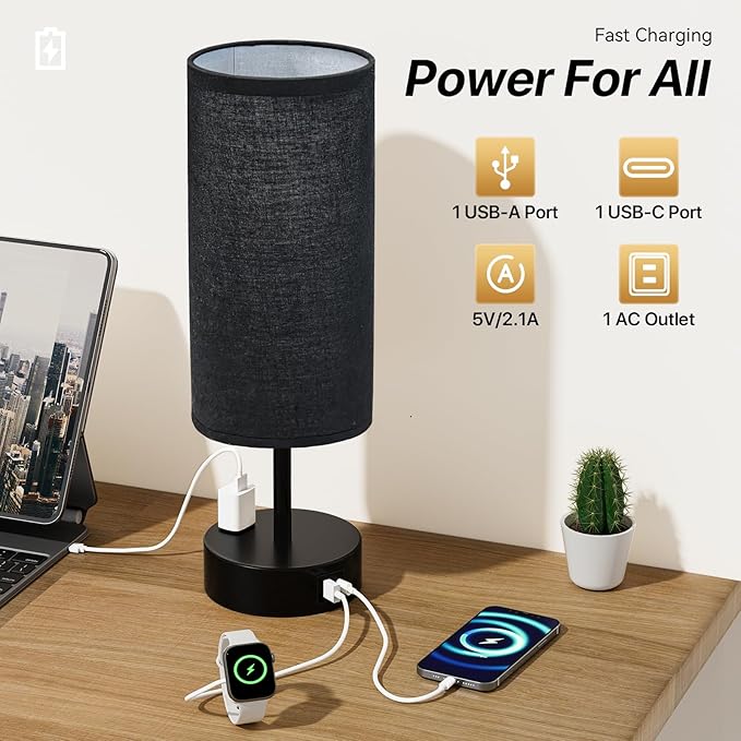KPQ Small Bedside Lamp Touch Control Table Lamp with USB A+C Charging Ports & AC Outlet 3-Way Dimmable Nightstand Lamp with Linen Fabric Shade for Bedroom Living Room - Bloomnest