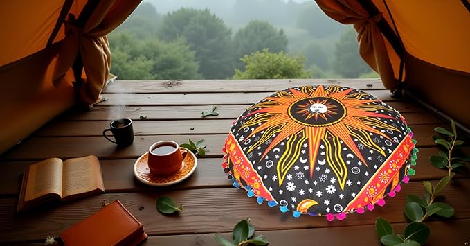 CRAFT KALA Large Round Bohemian Floor Pillow Pouf Cover Mandala Meditation Room Pillow Cover for Adults Boho Seating Poufs Cushion Cover for Kids Playroom 32" Round Orange Burning Sun - Bloomnest