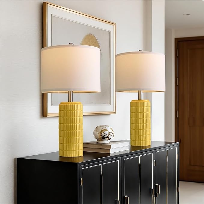 PoKat 23" Yellow Table Lamps Set of 2, Modern Living Room End Table Lamps Decor, Ceramic Lamps for Living Room, Contemporary Nightstand Lamps for Side Console Table Hallway Gift - Bloomnest