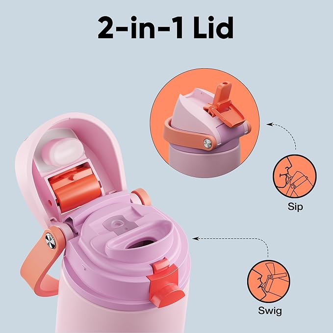 Insulated Water Bottle with Straw - Encool Stainless Steel Water Bottle with Push Button Lid, Leak-Proof & BPA-Free, Keeps Cold for 24 Hours for Sports, Travel, Gym (18 oz, Lily-Red) ENCOOL