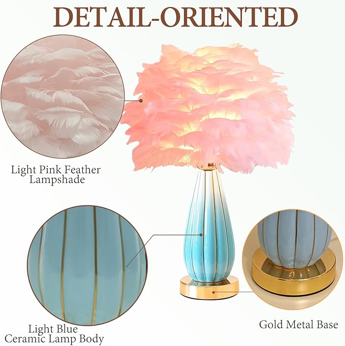 Pink Feather Table Lamp Creative Bedside Feather Lamp Simple Goose Furry Nightstand Light Fluffy Desk Lighting for Girl Bedroom Living Room Decoration Wedding Romantic Atmosphere - Bloomnest
