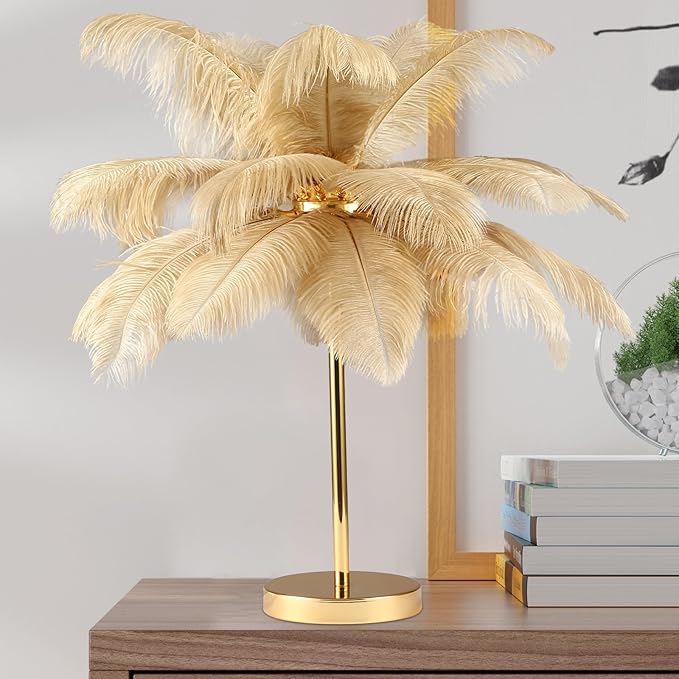 MAYOLA Modern Ostrich Feather Table Lamp with Plug in Wire,3-Light Bedside Floor Lamp for Living Room, Bedroom and Office 24” Tall Feather Desk Lamp (Ostrich Color, Table Lamp-Metal) - Bloomnest