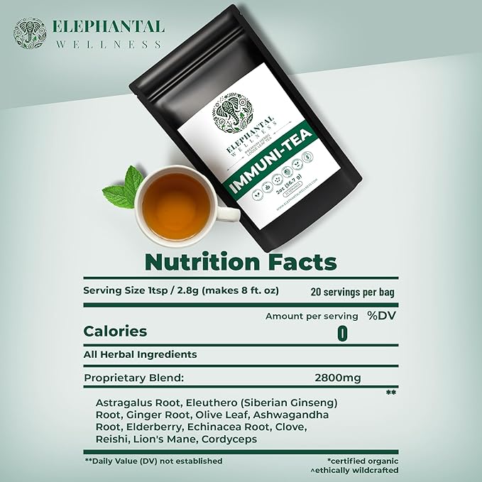 Elephantal Wellness Premium Immuni-Tea | Immune System & Respiratory Support with Reishi, Clove, Echinacea & Elderberry | Handmade, Caffeine-Free, Non-GMO Loose Leaf Blend, 2oz, 20 Servings - Bloomnest