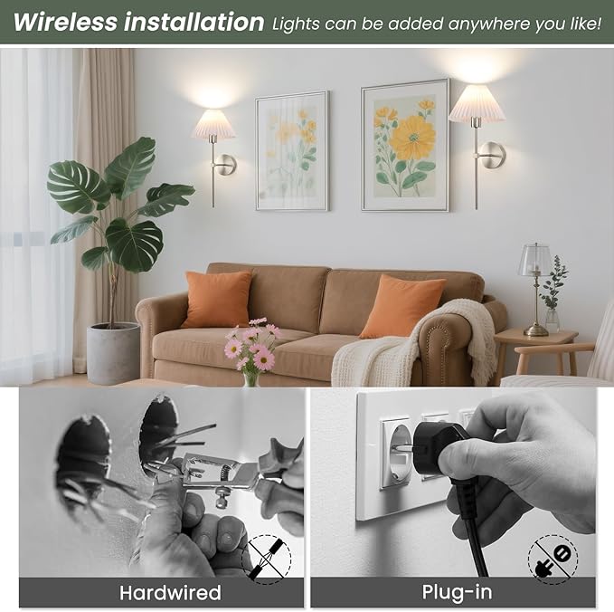 Wireless Wall Sconce Sets of 2, Pleated Shades Rechargeable Battery Operated Wall Sconce, Retro Industrial Brushed Nickel Bathroom Vanity Lights, Wall Mounted Lamps for Bedroom Living Room Hallway - Bloomnest