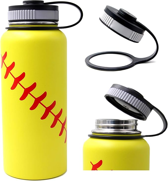 32 oz Softball Water Bottle, Wide Mouth Sports Flask Metal Travel Tumbler with 2 Lids, Stainless Steel Double Wall Vacuum Insulated Leak Proof Thermo Water Bottles, Softball Stuff Gifts for Mom Girls - Bloomnest