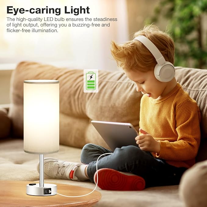 Fenmzee Grey Nightstand Table Lamp for Bedroom - 3 Way Dimmable Bedside Lamp USB C A Charging Ports and AC Outlet, Small Table Lamp Silver Base for Living Room, Office Desk, LED Bulb Included - Bloomnest