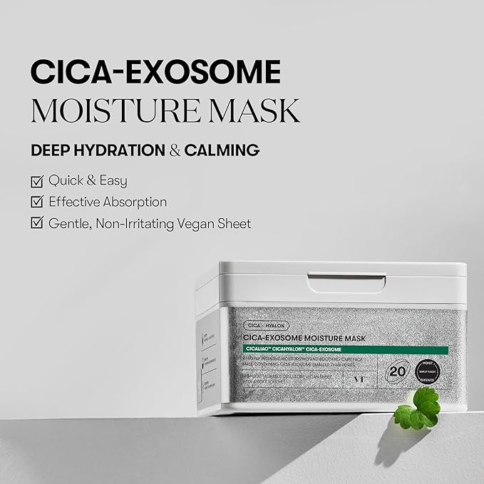 VT COSMETICS Cica-Exosome Moisture Mask 20 Sheets, Centella Asiatica & Hyaluronic Acid with Exosomes for Deep Hydration & Calming, Biodegradable Vegan Sheets, Korean Face Mask - Bloomnest