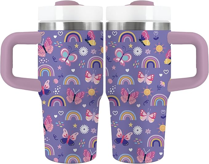 Rainbow Gifts for Girls - 14oz Purple Kids Rainbow Tumbler with Handle and Straw, Stainless Steel Insulated Travel Coffee Mug, for Sports, School, Travel, Children's Birthday Gift(1pc) - Bloomnest