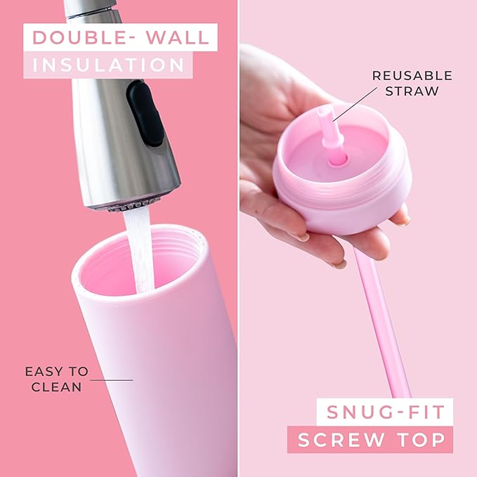 STRATA CUPS Pink Skinny Tumblers with Lids and Straws (4 pack) - 16oz Matte Pastel Colored Acrylic Tumblers with Lids and Straws, Double Wall Skinny Tumbler Bulk, Reusable Cup with Straw Cleaner - Bloomnest