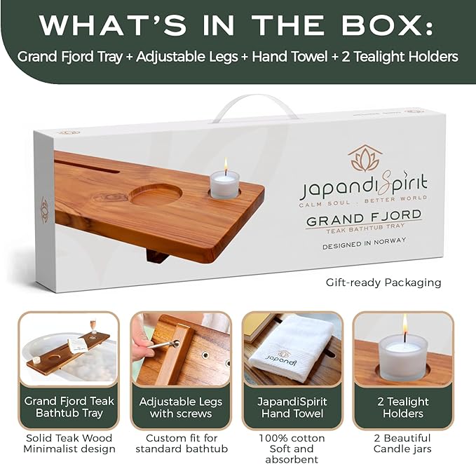 Grand Fjord | Teak Bathtub Tray for Large Soaking Tub | Extra Long 35” Luxury Bath Caddy for Freestanding Tubs | Minimalist Wooden Tub Tray with Candle Holders & Premium Towel by JapandiSpirit - Bloomnest