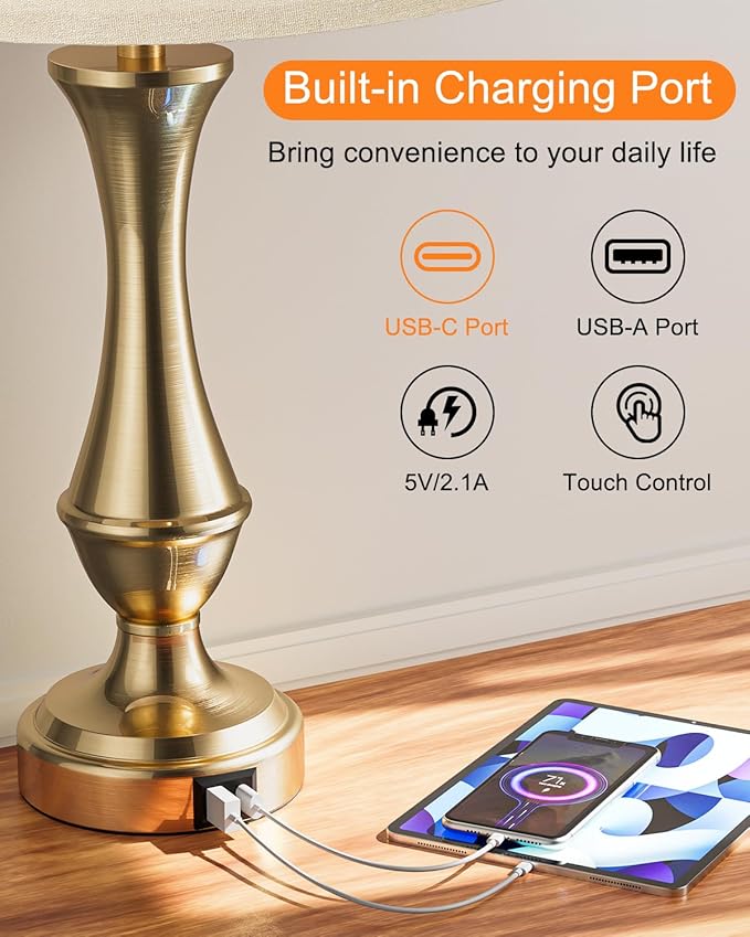 Seealle Upgraded Touch Lamps for Night Stands Set of 2 - Bedside Lamps with USB C+A, 3 Way Dimmable for Bedroom Living Room End Tables Office (Brown&Gold) - Bloomnest