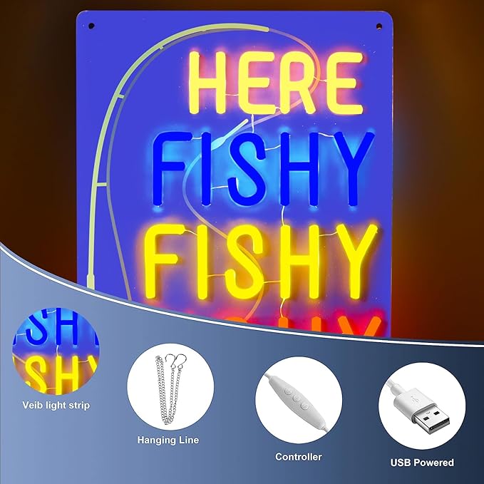 Funny Here Fishy Neon Sign Dimmable Fish Neon Light Wall Decor for Fishing Gear Store,Game Room, Man Cave Gift Art for Fishing Enthusiast-15.9 x 12.1IN-USB Powered-Acrylic - Bloomnest