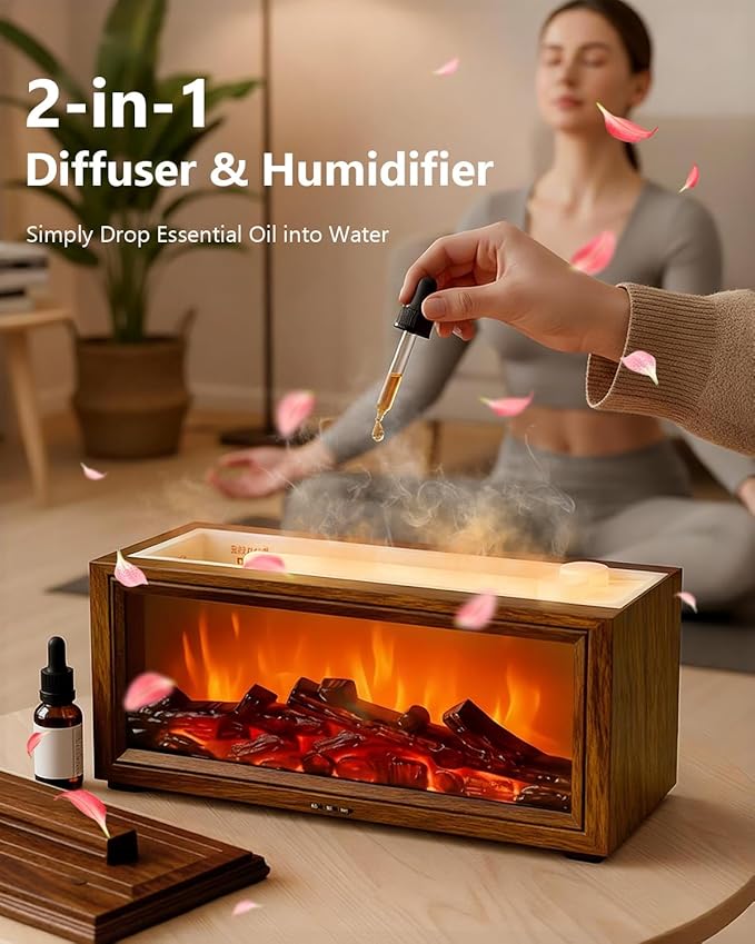 Essential Oil Diffuser, 7-Color Fireplace Fire Flame Aromatherapy Humidifier, 280ml Ultrasonic Aroma Diffuser Valentine's Day Gift with Time Sets and Remote Control for Bedroom Home Yoga Office - Bloomnest