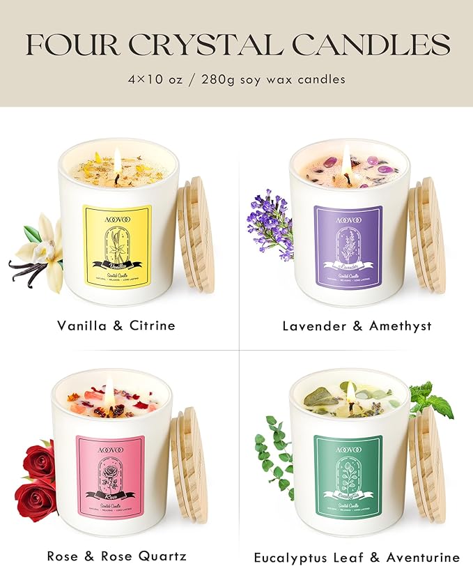 AOOVOO Rose/Vanilla/Eucalyptus/Lavender Scented Candles for Women - Aromatherapy Candle with Crystals Inside, 40oz Soy Candles for Home Scented, Birthday Gifts Christmas Candle for Women Mom - Bloomnest
