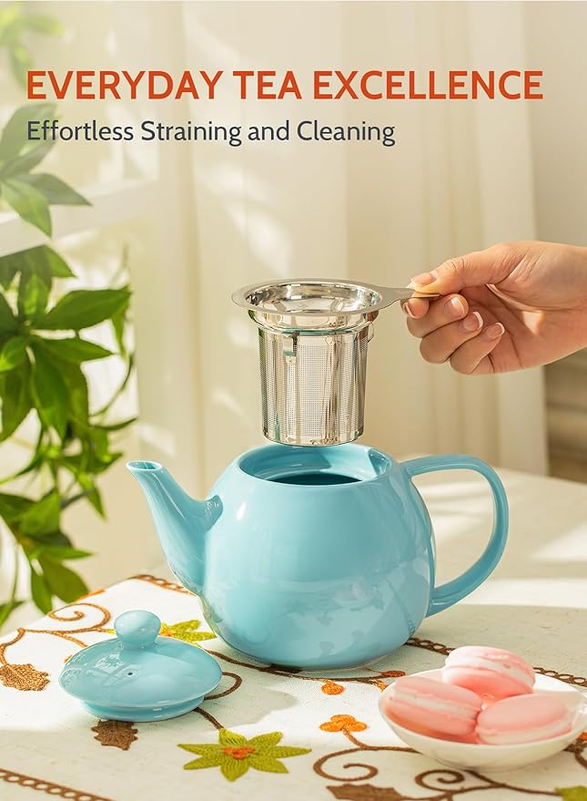 Sweese Teapot, Porcelain Tea Pot with Stainless Steel Infuser, Blooming & Loose Leaf Teapot - 27ounce, Turquoise - Bloomnest