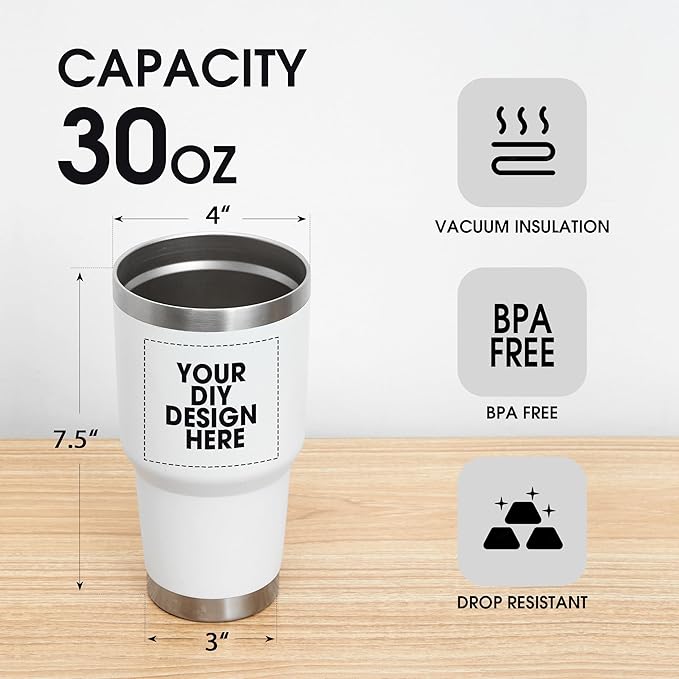Personalized Custom Tumbler Print in USA 30oz Stainless Steel Coffee Cup with Lid & Straw Double Wall Insulated Tumbler with Colorful Text Logo Photo - Bloomnest