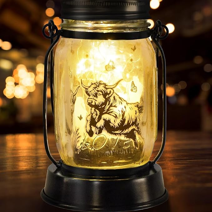 Highland Cow Gifts for Women/Men Highland Cattle Lovers Solar Lantern Mom Birthday, Mothers Day, Christmas Gifts, Solar Cow Garden Decoration Outside for Yard, Patio,Backyard,Porch, Torches - Bloomnest