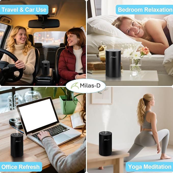 Waterless Essential Oil Diffuser, Battery Operated Nebulizer with 3-Timers & 3 Mist Levels, 0.7 fl.oz./20ml, Mini Scent Air Machine, Home Car Office Studio, Portable & Rechargeable, Milas-D, Black - Bloomnest