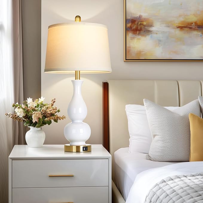 27" Double Gourd Ceramic Table Lamps Set of 2, Modern White Bedroom Lamp with USB A+C Ports, Elegant Bedside Lamp for Nightstand, Tall Lamps for Living Room Side End Table Home Decor - Bloomnest