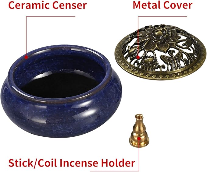 Incense Burner and Cone Incense Holder with Calabash Incense Stick Holder Ceramic Ash Catcher,Blue - Bloomnest