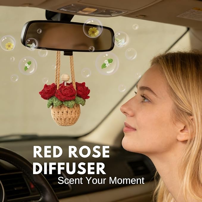 Handmade Crochet Hanging Car Air Freshener - Romantic Red Rose Design, 12ml Refillable Thick Glass Bottle, Car Diffuser for Rearview Mirror, Home & Office Romantic Decor - Bloomnest