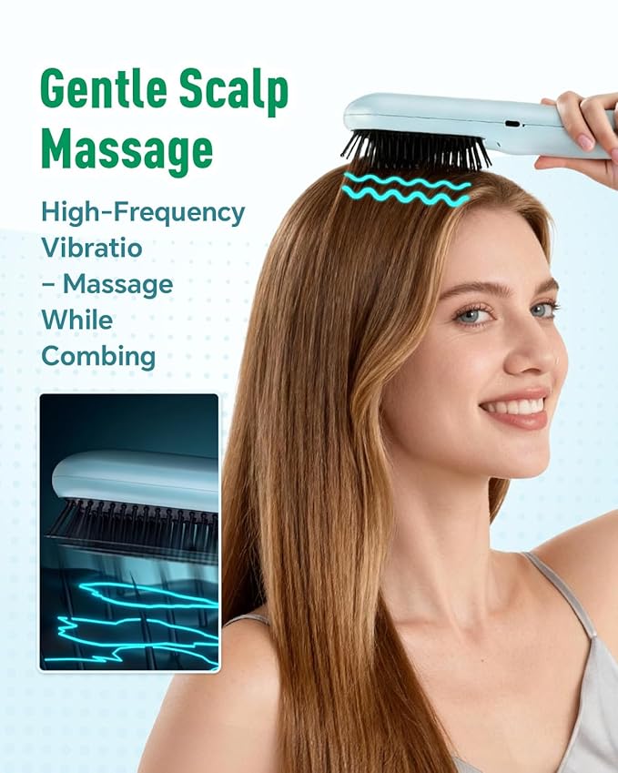 BONNET QUEEN 3-in-1 Electric Scalp Massager & Mist Hair Brush for Curly Hair, Deep Conditioning, Frizz Control, Stress-Relief, Home and Travel Hairbrush for Women, Green BonnetQueen