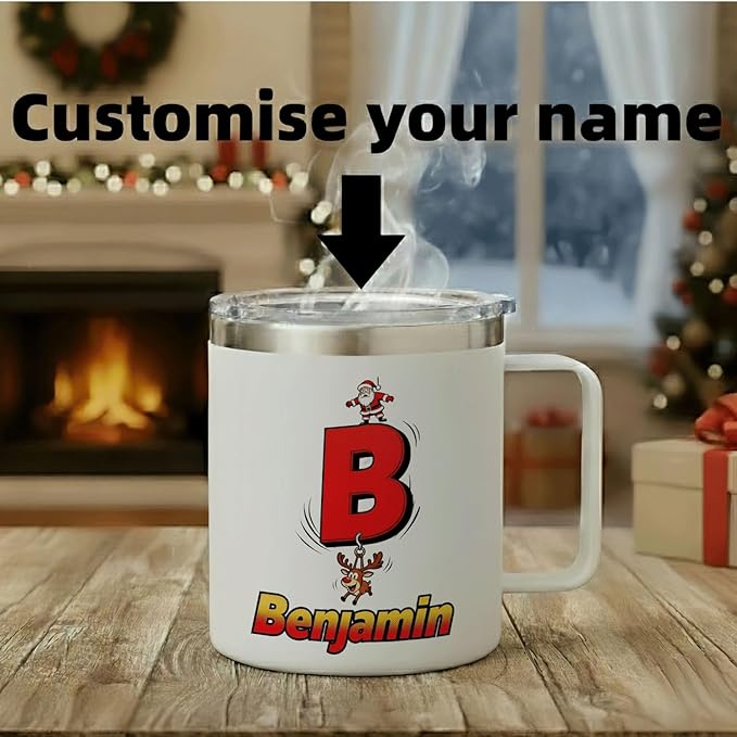Personalized Christmas Mug with Initial & Name - Funny Santa & Reindeer Custom 12oz Insulated Stainless Steel Coffee Cup Tumbler with Handle & Lid - Unique Holiday Xmas Gifts for Kids (B151) - Bloomnest